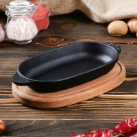 Ovale Pfanne aus Gusseisen 18 x10 x 2,5 cm mit Holzbrett...
